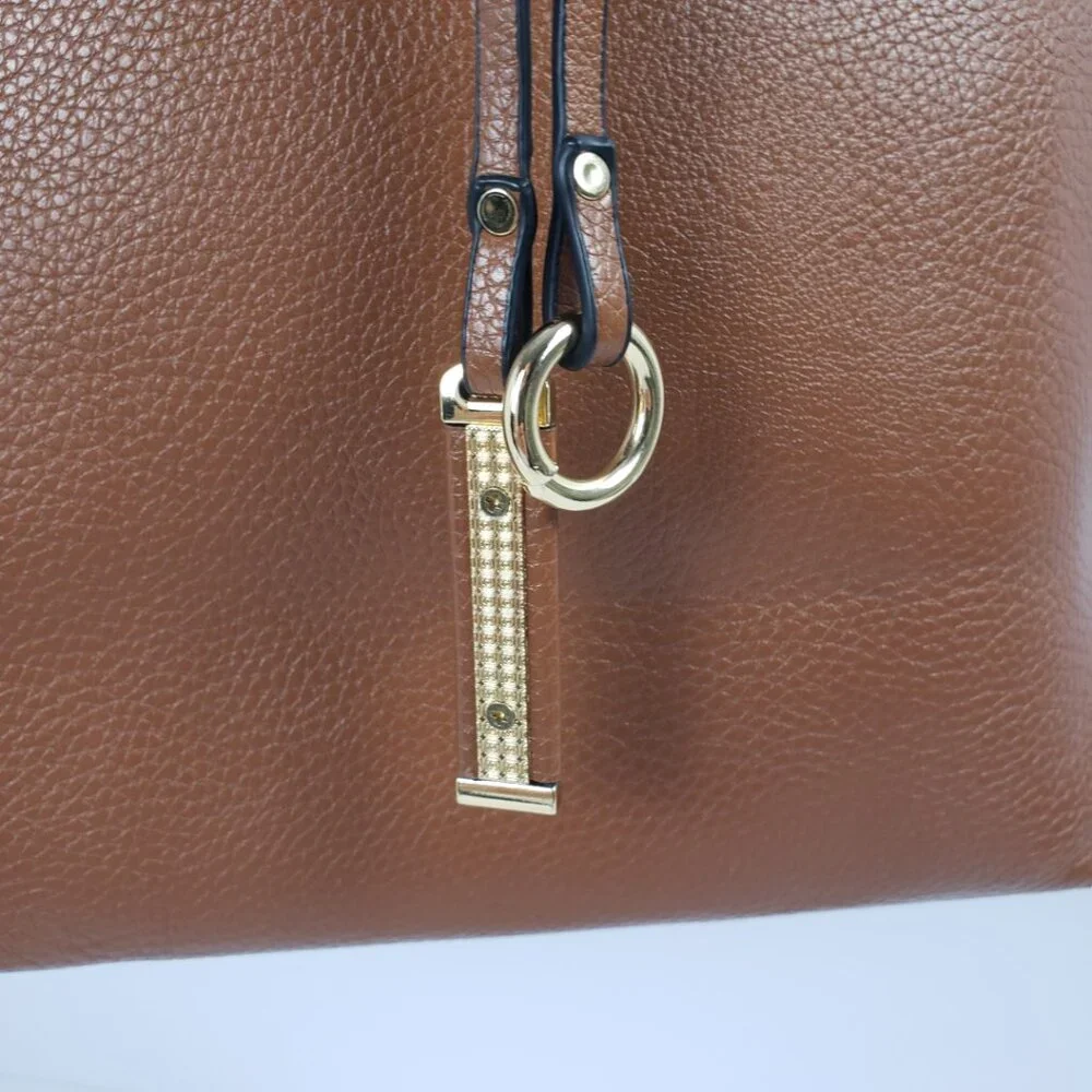 Kris Ana Reversible Handbag Camel Tan Red Key Ring Tote Bucket Purse